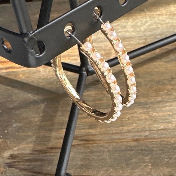 Alquimia Gold and White Hoop Earrings - Picture 2 of 4